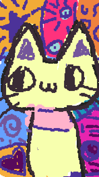 Cat Mama- a pixelated  deity sitting in her colorful noise.