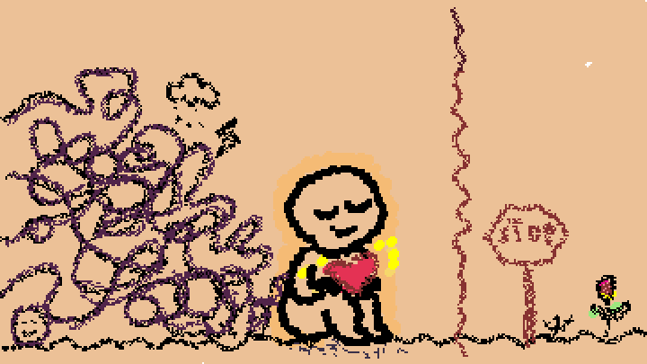 A simple hand-drawn character sitting quietly, gently holding a small glowing heart close to their chest with both hands. Behind them, a thin wiggly line represents all the emotional chaos they have b
