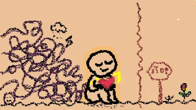 A simple hand-drawn character sitting quietly, gently holding a small glowing heart close to their chest with both hands. Behind them, a thin wiggly line represents all the emotional chaos they have b
